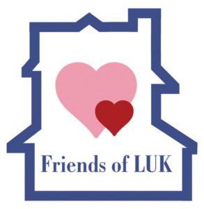 Friends of LUK Logo, which features the outline of the same house as the LUK main logo, with one large pink heart and one smaller red heart within, with the text "Friends of LUK"