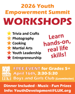 Youth Empowerment Summit 2026 workshop list reading Trivia and Crafts, Photography, Cooking, Martial Arts, Youth Leadership, and Entrepreneurship