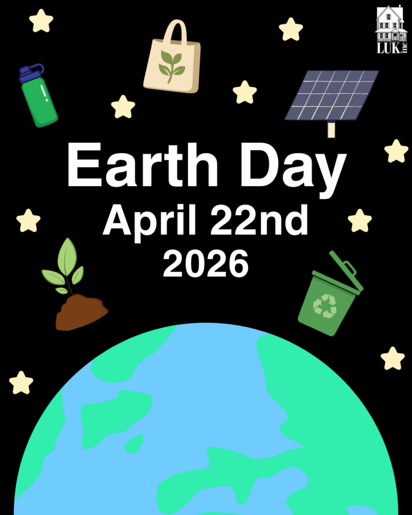 A decorative graphic of the Earth with sustainable motifs, stars, the LUK logo, and text reading Earth Day April 22nd 2026