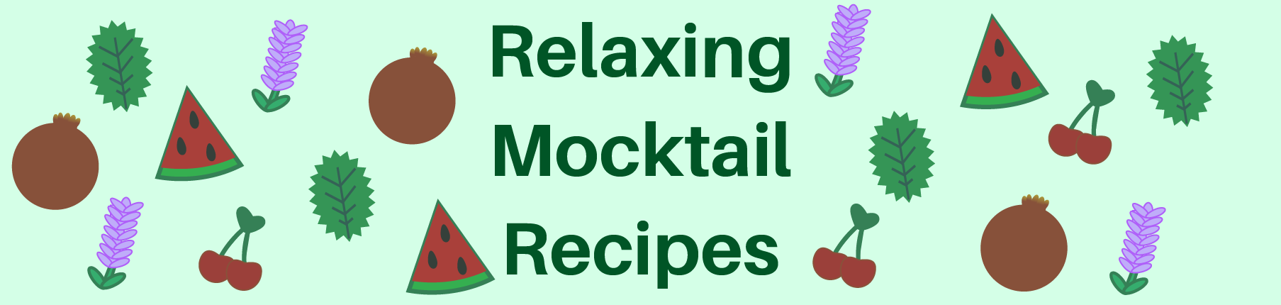 The image reads "Relaxing Mocktail Recipes" with icons of fruits and herbs.