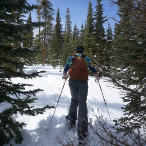A man with a backpack treks through a snowy natural trail on skis