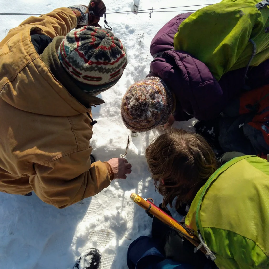 An adults shows two youth animal tracks left in the snow on a winter hike