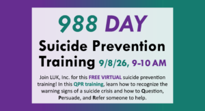 A purple and teal background with a white box and text reading "988 DAY Suicide Prevention Training" and information about the event copied from the event body text